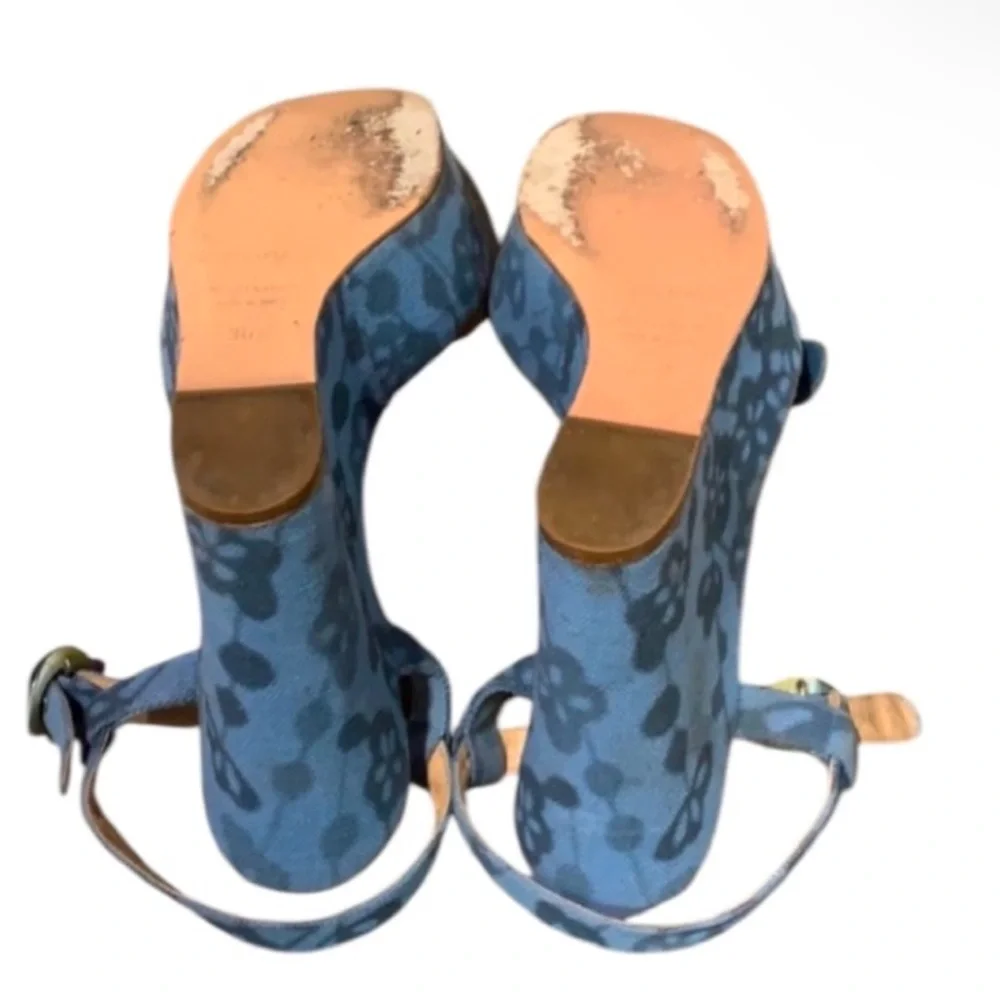 Authentic Sergio Rossi luxury designer denim blue floral canvas wedges sz 6.5